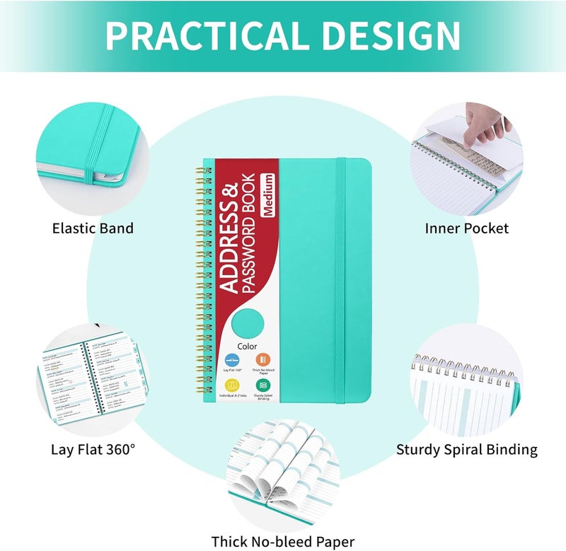 Homlive Address Book with Alphabetical Tabs, Hardcover Phone Book Password Keeper with Spiral Binding, Address Books for Seniors, Record Internet Logins, Coloring Pages - 5.7"×7.7" (Teal) - Image 2